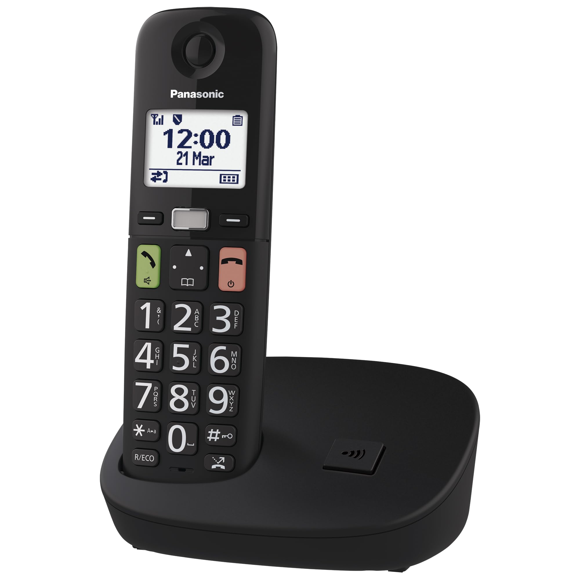 Panasonic KX-​TGU110EXB - Telefono digitale senza fili con segreteria telefonica, unità base e 1 combinato, schermo LCD, tasti grandi, chiamata preferita, compatibile con apparecchi acustici, nero