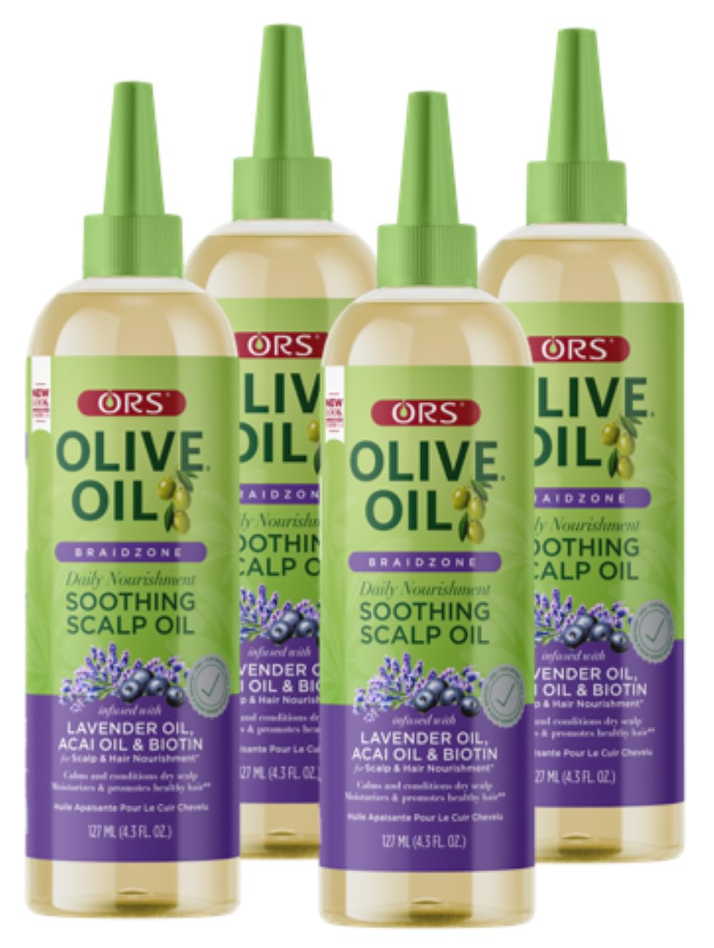 ORS Olive Oil Braidzone Soothing Scalp Oil with Lavender, Acai & Biotin for Nourishment 4.3 oz (Pack of 4)