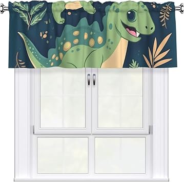 Cute Dinosaur Curtain Valance for Windows, Rod Pocket Drape Valences Window Treatments 1 Panel Blackout Short Curtains for Kitchen Bathroom Bedroom Home Decor 54x18 Inch