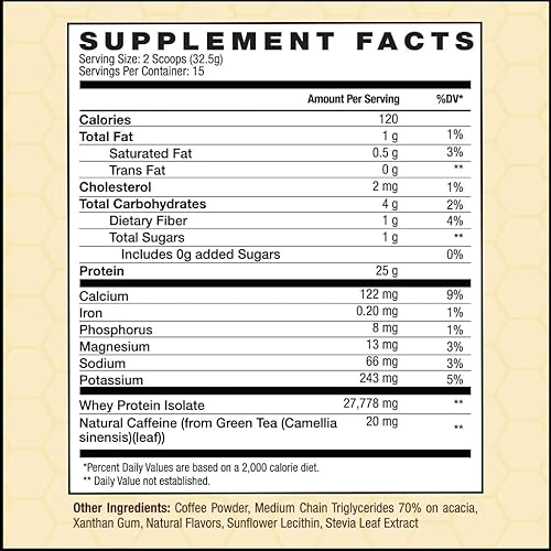 Miniatura 2 de Café en polvo con alto contenido de proteínas, 25 gramos de aislado de suero de leche, 100 mg de cafeína de té verde natural, 0 azúcar añadido,