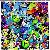 ANHOPE Abstrakte Gamepad Skateboard Graffiti Duschvorhang Wasserdicht Anti Schimmel Waschbar Polyester Stoff Badezimmer Badewanne Duschvorhänge mit 12 Haken 180 x 180 cm