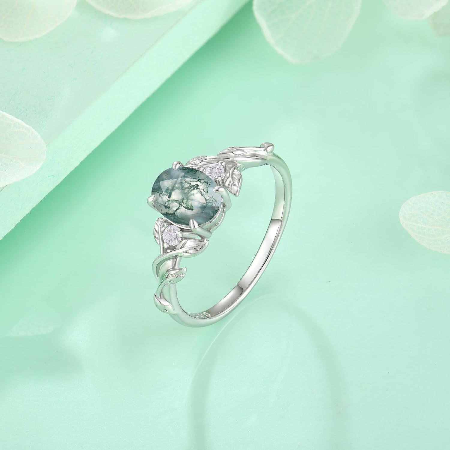 STARCHENIE Moissanite Ring for Women 925 Sterling Silver 18K White Gold Plated D Color VVS1 1.5CT Moissanite/Moss Agate Engagement Wedding Promise Ring for Her Size 5-10