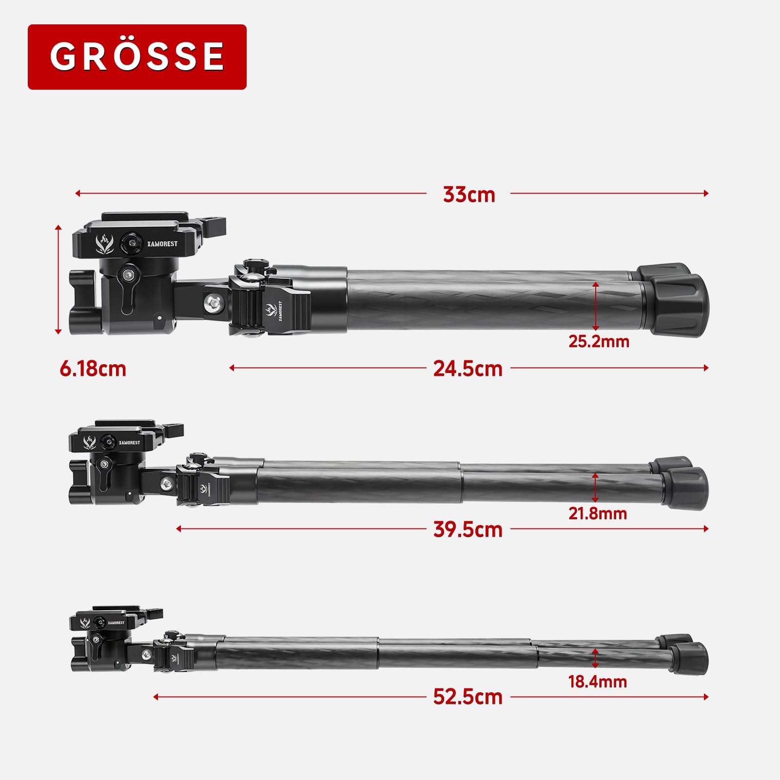 SBP-DP SteadyShot Kohlefaser Zweibein, Picatinny & Arca-Swiss-Doppelklemmung, 360° Schwenk & ±45° Neigungseinstellung, 3 teilige Beine Jagd Zweibein