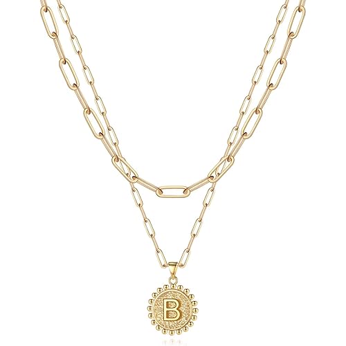 Yoosteel Gold Initial Necklaces for Women Girls, 14K Gold Plated Dainty Layering Paperclip Link Chain Necklace Personalized Coin Initial Layered Gold Necklaces for Women