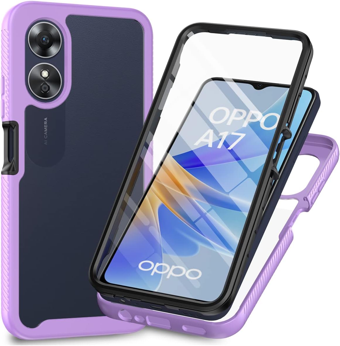 Oppo A17 Case with Built-in Screen Protector, 360 Full Body Protective Cover Heavy Duty Anti-Scratch Shockproof Slim Silicone Bumper Clear Phone Case for Oppo A17, Purple