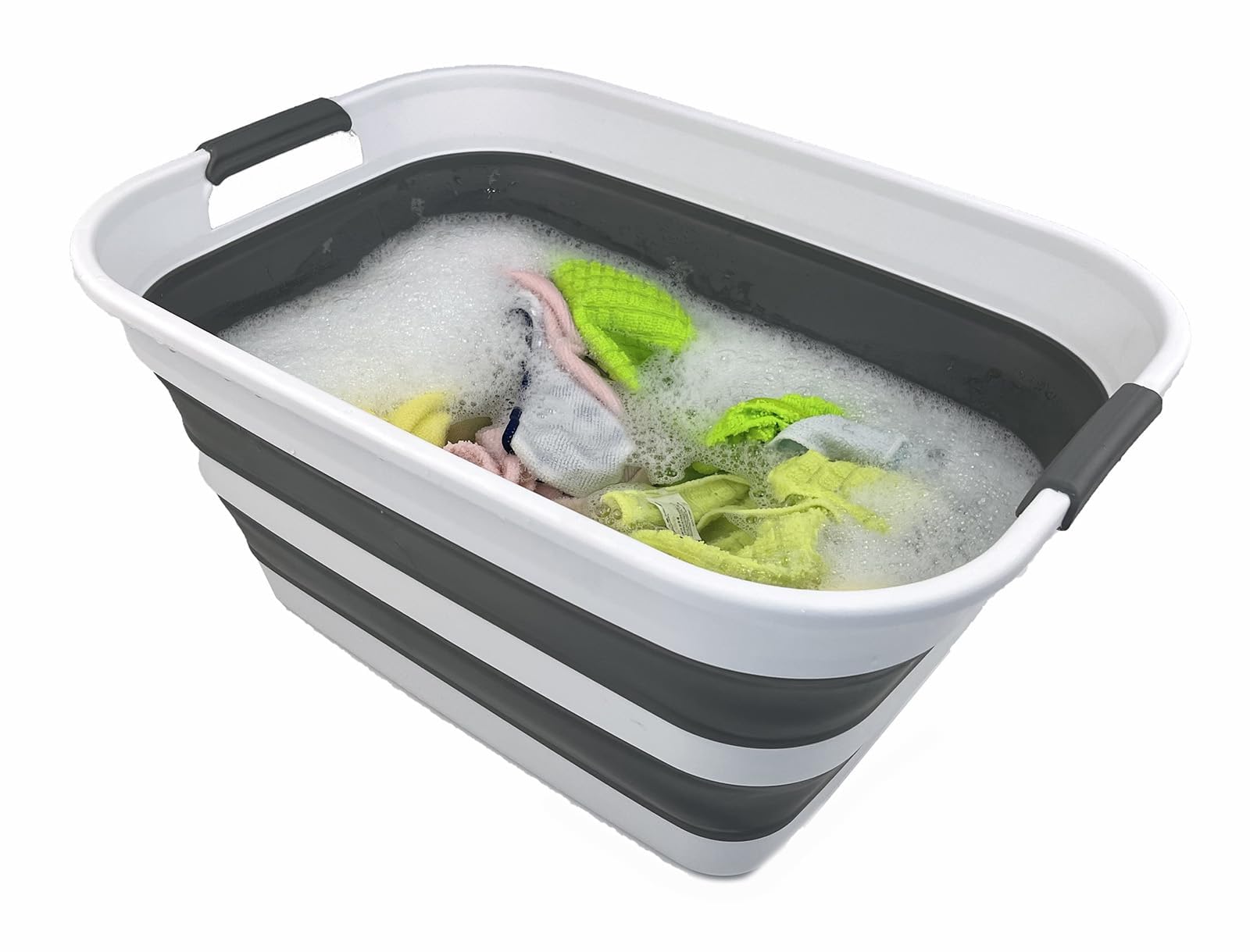 SAMMART Cesto portabiancheria pieghevole in plastica con manici a doppia impugnatura, 27 l, contenitore pieghevole pop up, vasca/cesto salvaspazio portatile (1, bianco/grigio acciaio)