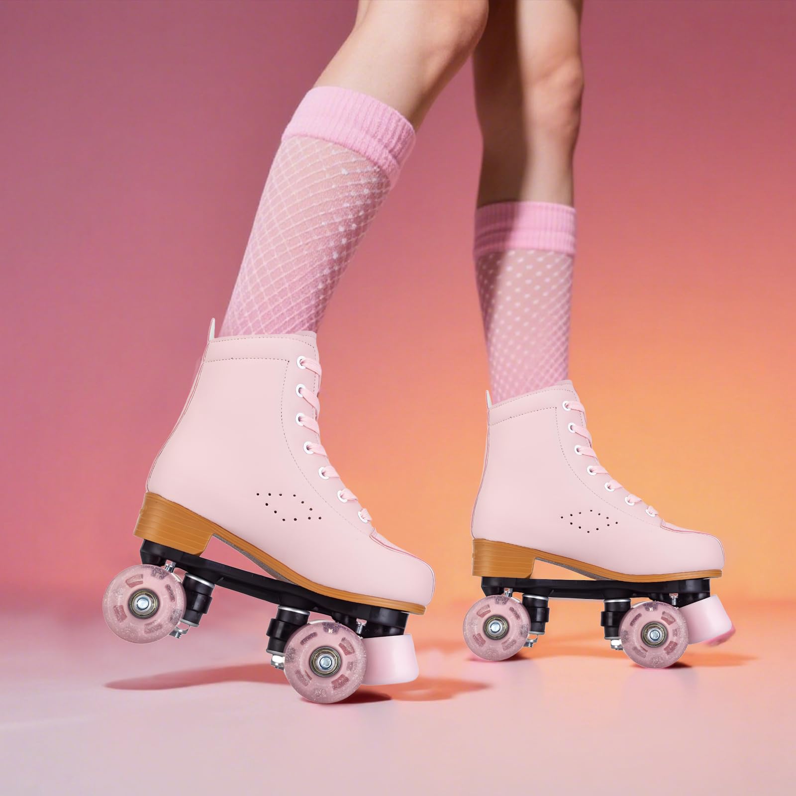 Gets Patins à roulettes lumineux en cuir synthétique pour femme - Double rangée de 4 roues - Patins brillants pour adolescents et adultes