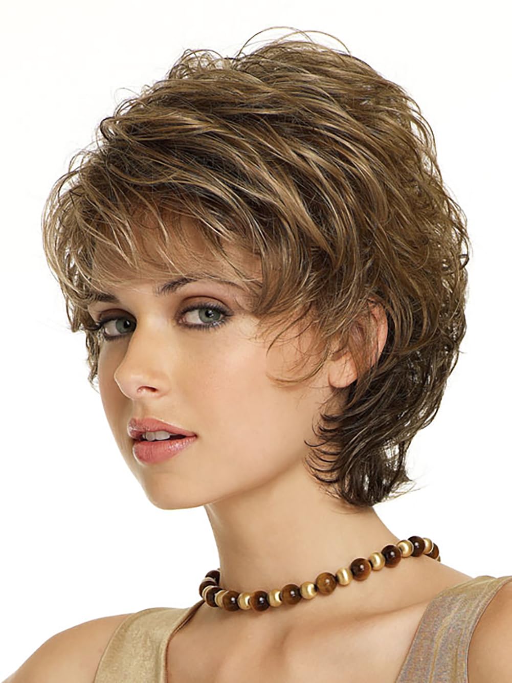 GNIMEGIL Synthetic Short Curly Wigs for White Women Sandy Blonde Wig with Bangs Mixed Brown Curly Wig Hair Ombre Elderly Women Wig Mom