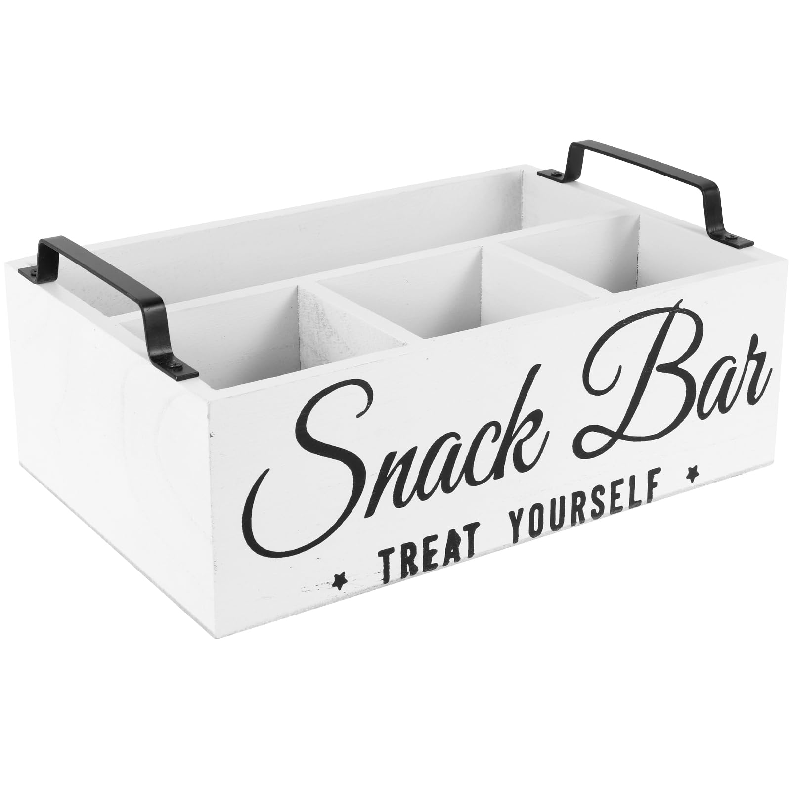 ATopoler Snack Organizer for Countertop,Wooden Candy Storage Box,4 Compartment Snack Tray with Metal Handles for Living Room,Bedroom,Cabinet Organization(White)