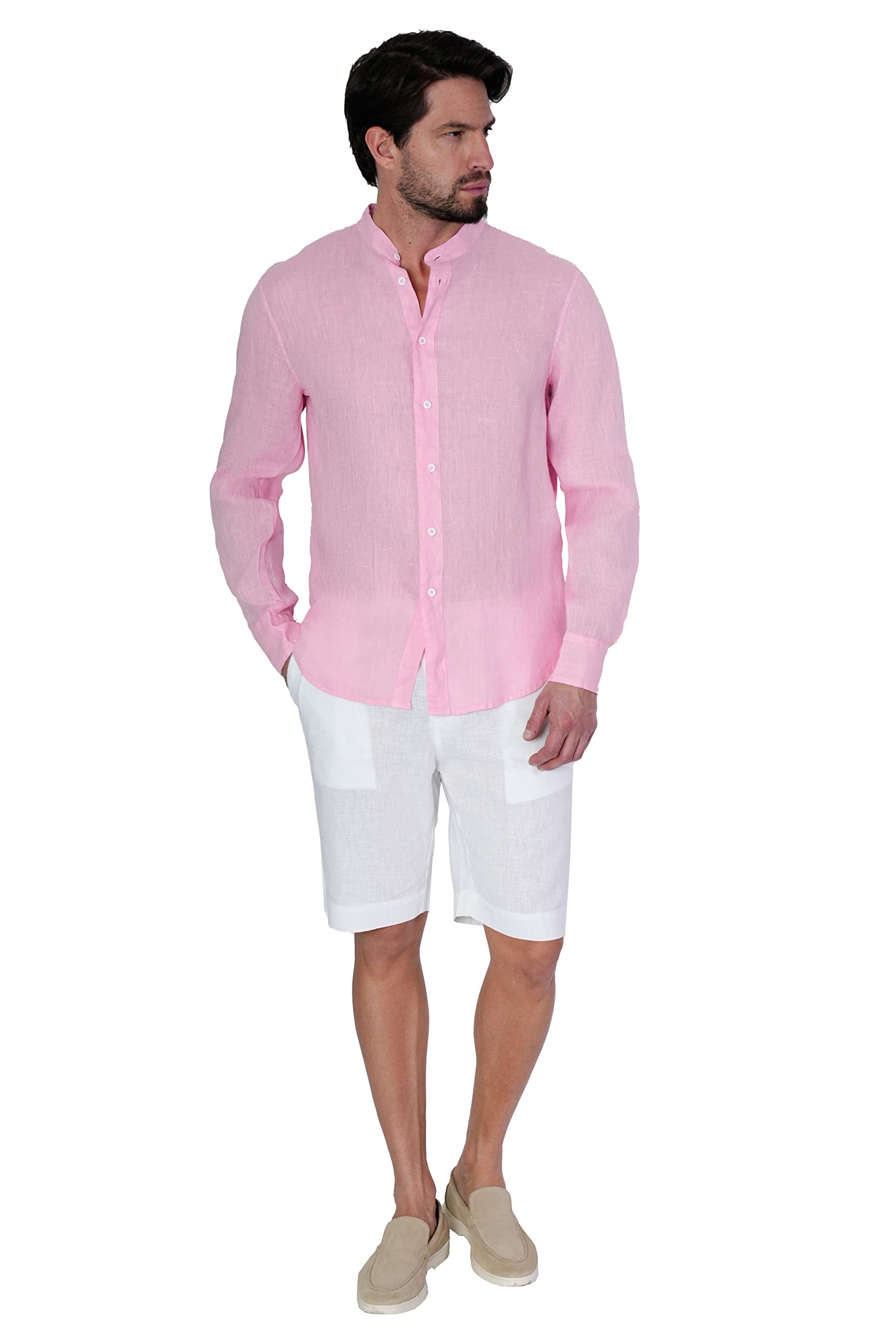 1st American Camisa de Lino para Hombre de Manga Larga Slim Fit – 100% Puro Lino – Elegante Cuello Coreano con Botones, Fabricada en Italia (TG. S-XXXL)