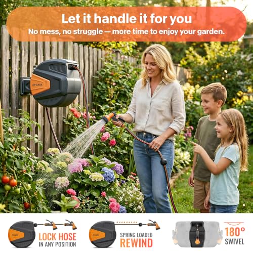 Image of Ayleid Retractable Rubber Hybrid Garden Hose Reel, 1 /2 inchx65ft Wall Mount | Anti-freeze, kink-free premium rubber hybrid hose, 24-month warranty, 9-pattern sprayer, any-length lock, slow auto-return.