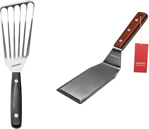 Espátula de metal para habilidad de hierro fundido (5 x 3 pulgadas) y espátula de pescado de acero inoxidable con mango de madera (6 x 3 pulgadas)