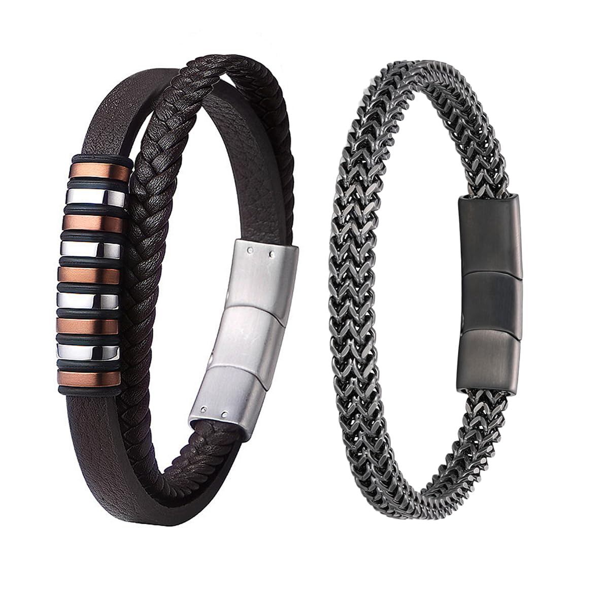 2PCS Bracelets for Men:Mens Bracelet Stainless Steel With Magnetic Clasp Franco Chain & Mens Leather Bracelet With Magnetic Clasp