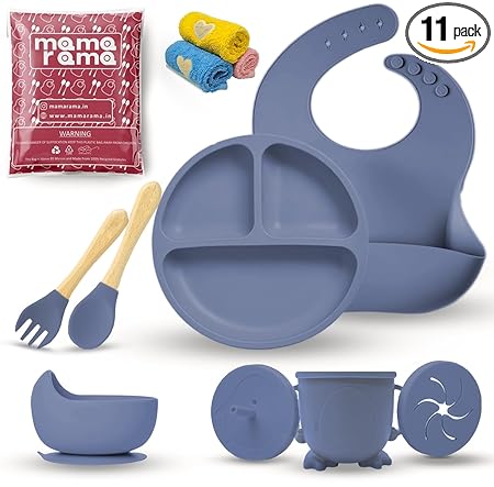 Mamarama 11 Piece Silicone Baby Feeding Set, Complete Mealtime Essentials, Includes Suction Bowl, Plate, Cup with Straw & Snack Lid, Fork, Spoon, Bib, and 3 Napkins For Babies and Toddlers (Dark Blue)