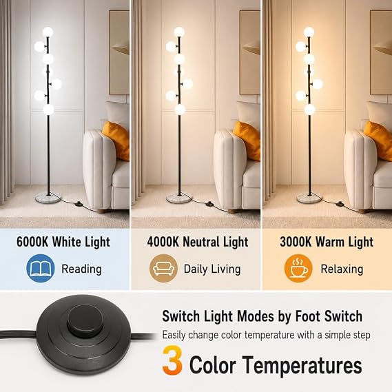 Modern 7-Globe Glass Floor Lamp, 3 Color Dimming Standing Lamp | 7 white glass globes shade, 70in tall, for living room bedroom