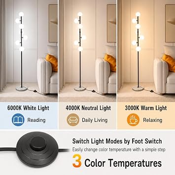 Modern 7-Globe Glass Floor Lamp, 3 Color Dimming Standing Lamp | 7 white glass globes shade, 70in tall, for living room bedroom