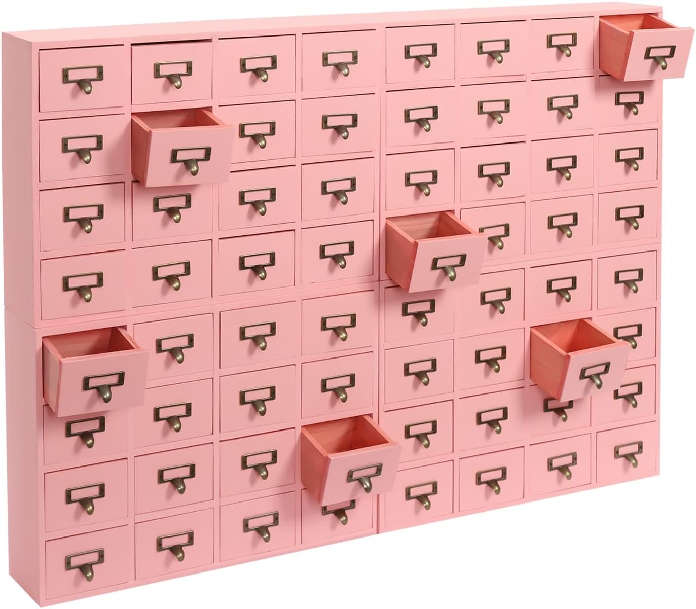 64-Drawer Wooden Cabinet, Rustic Herb Apothecary Storage Box, Tabletop Library Card Catalog Cabinet w/Label Holders Handles, 4Pcs 16 Drawers, Desk Drawer Organizer Medicine Furniture, Pink