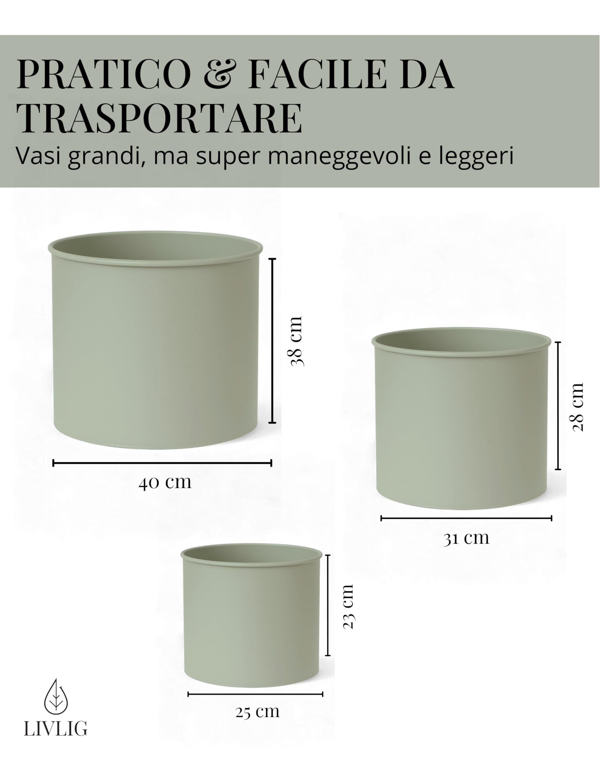 LIVLIG - Set di 3 vasi da fiori, 25 cm, 31 cm e 40 cm, grandi per esterni e interni, vasi zincati, colore: verde
