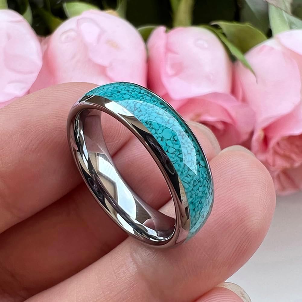 TUTISS 4mm 6mm 8mm Tungsten Rings for Men Women Engagement Wedding Bands Crushed Turquoise Inlay Domed I Love You Engraved Comfort Fit