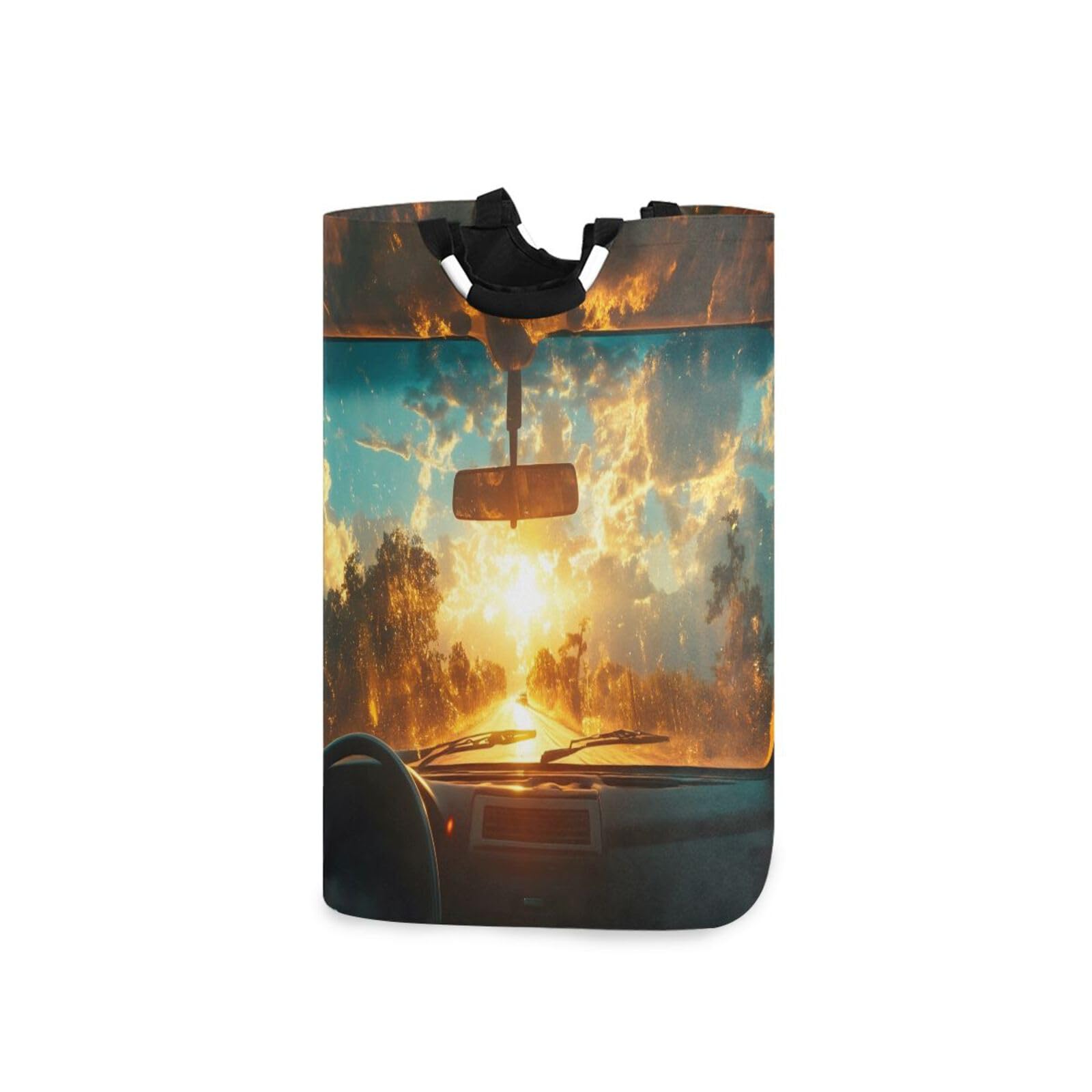 Jihqo Laundry Hamper Basket Car Window Outside Sunrise View Collapsible Nursery Storage Bin Waterproof Clothing Baskets for Home Bedroom Bathroom Washing Room