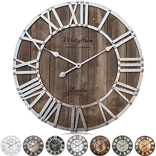 Westzytturm Grande Horloge Murale Bois Metal Argent 60 cm Diamètre Style Industriel Vintage Chiffre Romain Decorative Horloge Murale Geante Silencieuse Design