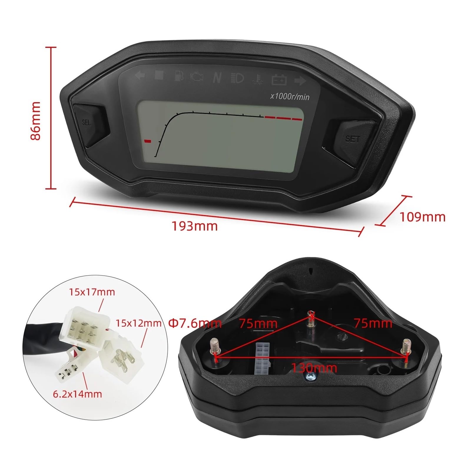 Contachilometri universale Tachimetro universale per moto, 7 colori, retroilluminazione, cruscotto per, regolazione digitale del contachilometri per 2/4 cilindri