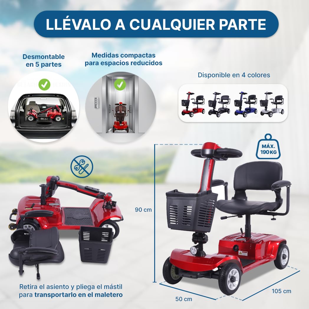 Scooter 4 Ruedas para Movilidad Reducida y Mayores Desmontable Medidas Reducidas 190 Kg Dortomedical®