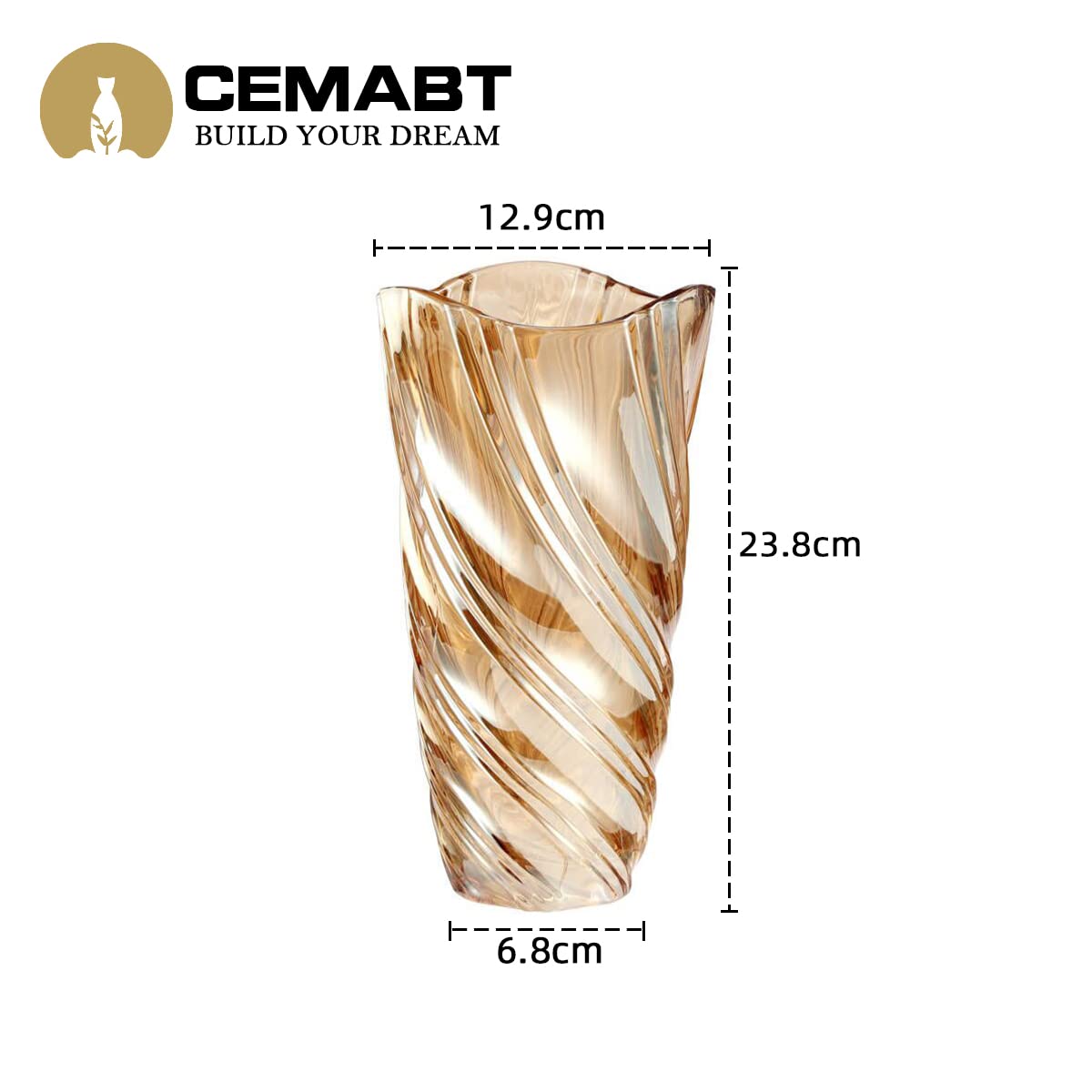 CEMABT 24cm Flower Vase, 1.5L, Thick Vase for Tulips, Gifts for Mum for Birthday, Gift Ideas, Glass Vase for Flowers, Clear, Decorative for Weddings (Amber