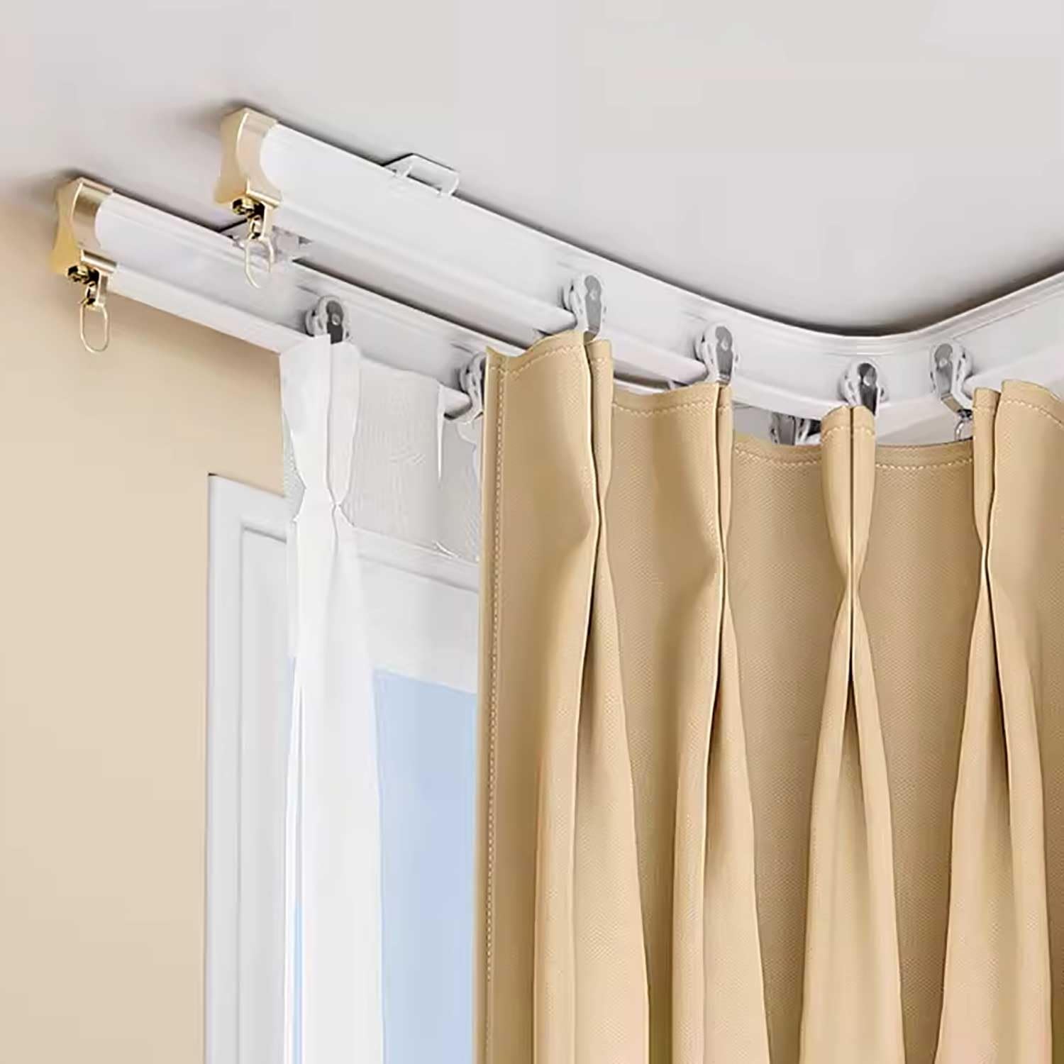 Binario flessibile pieghevole in alluminio per soffitto/parete - Doppio bastone antipioggia curvo per divisore - Sistema di binario bianco regolabile 4,6 m per tende e tende da sole