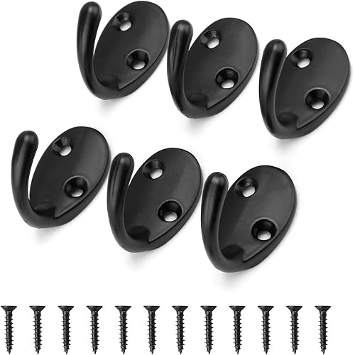 Awtok Single Prong Robe Wall Hooks for Hanging with Screws (6 PCS Black Wall Hooks & 12 Screws)