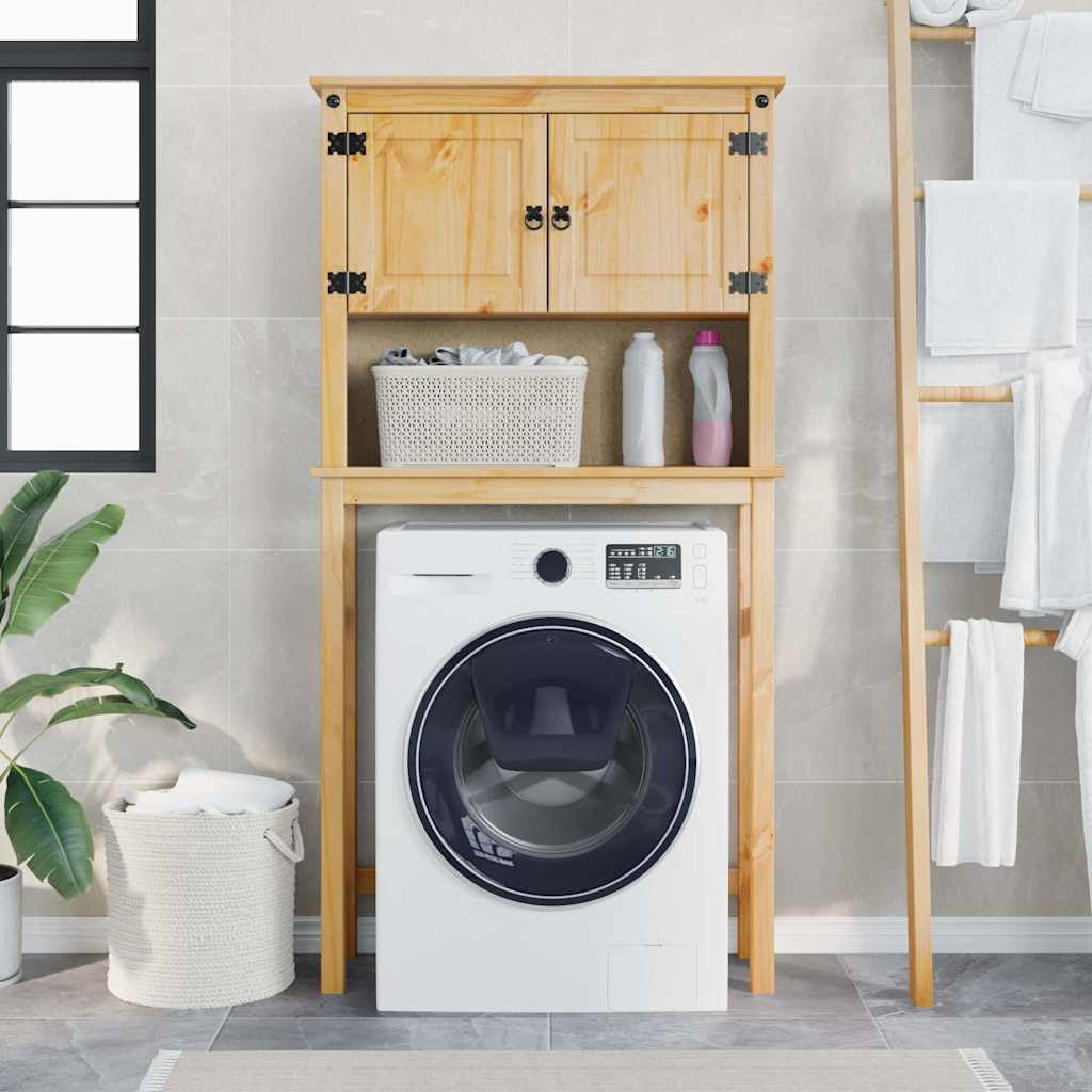 SYDE Mobile per lavatrice in legno di pino, mobile da bagno | 1 ripiano aperto, 2 scomparti, maniglie in metallo, sopra lavatrice o WC