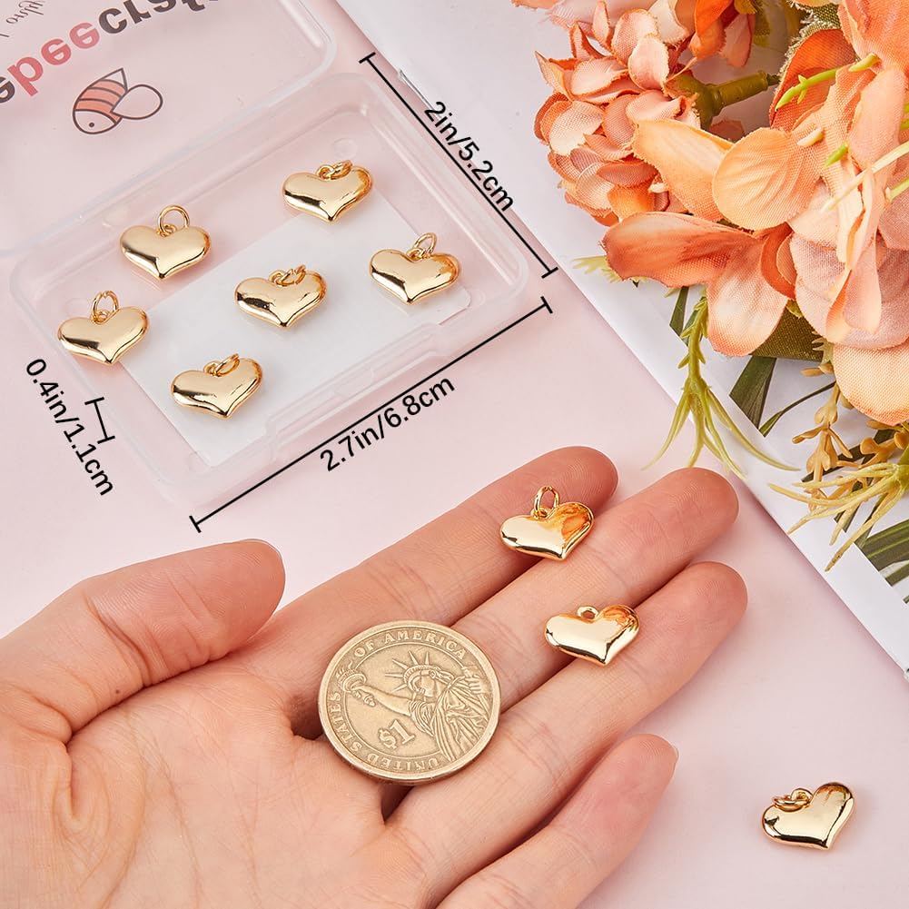 Beebeecraft 10Pcs 18K Gold Plated Heart Shape Pendant Charms with Jump Ring 3D Love Puffed Charms 11x14.5mm for Dangle Jewelry Making Necklaces Earrings Bracelets on Valentine's Day Mother's Day