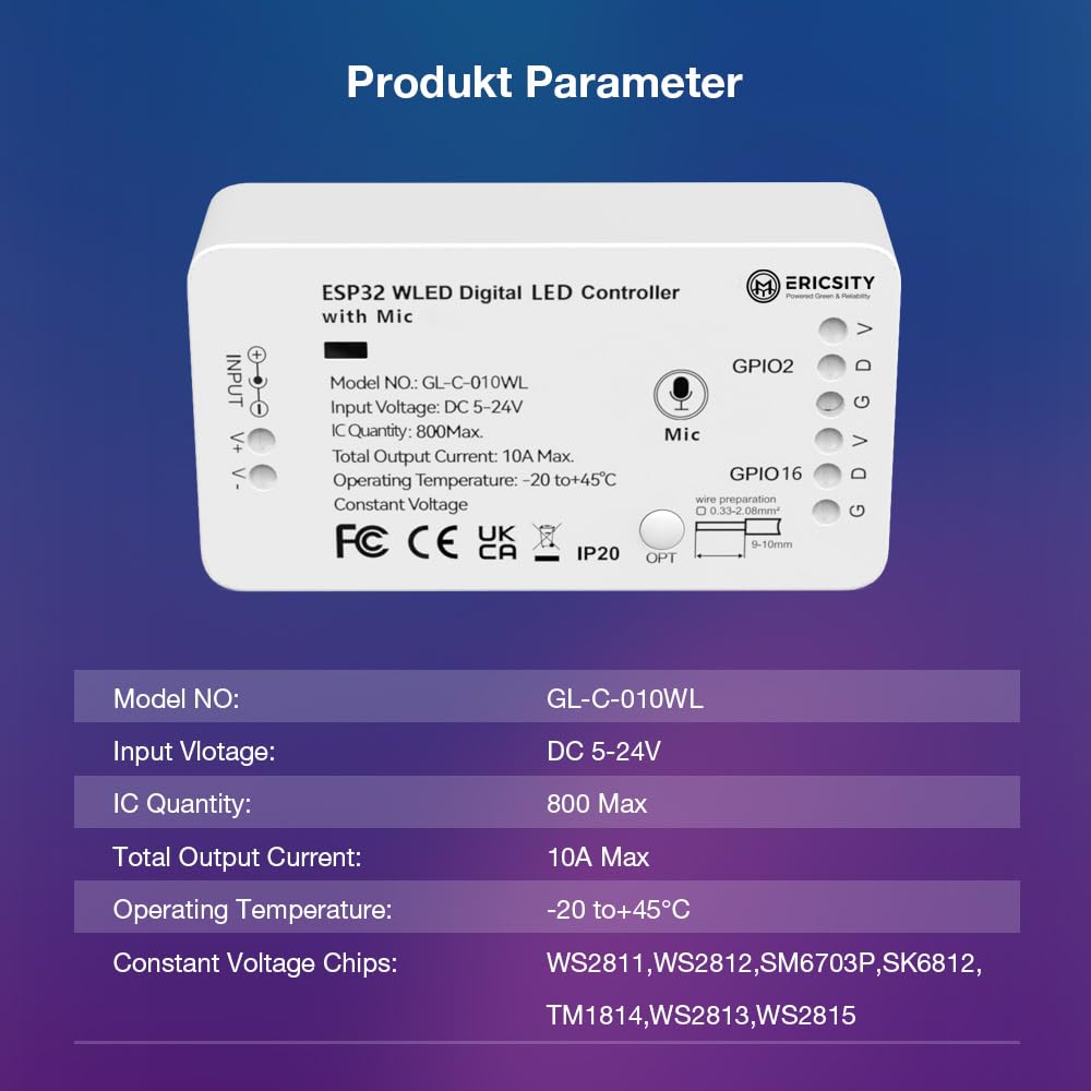 WLED Addressable Strip Controller ESP32 serwer sieciowy do sterowania NeoPixel (WS2812B, WS2811, SK6812) LED lub chipsetów opartych na SPI 5-24 V WiFi Smart LED instalacja domowa ESP32