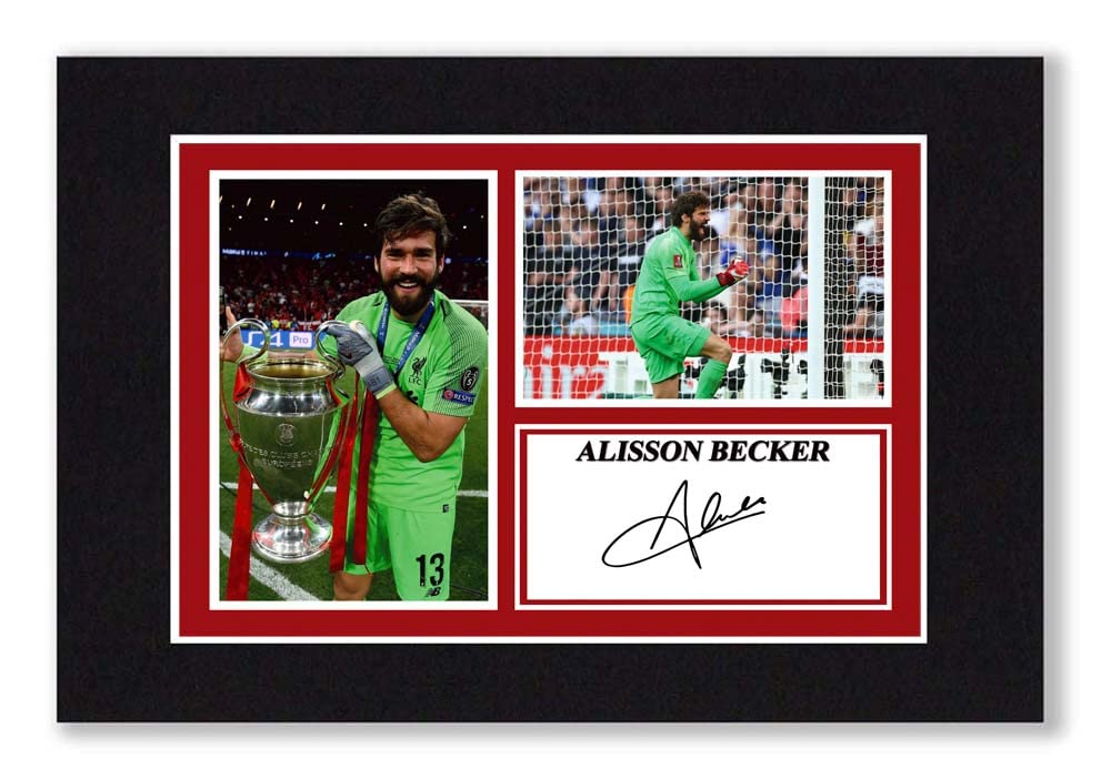 A4 Mounted Signed Alisson Becker - Liverpool Goalkeeper Photo Montage - With Pre Printed Autograph - Ready To Be Framed - Artwork, Wall Ar Football Memorabilia