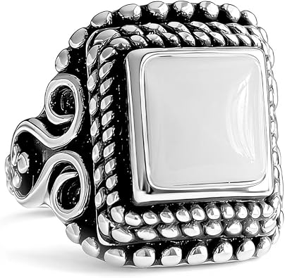 Square Stone Ring,Vintage Retro Sterling Silver Natural Crystal Quartz Gemstone Solitaire Boho Bohemian Ring Jewelry for Women Her