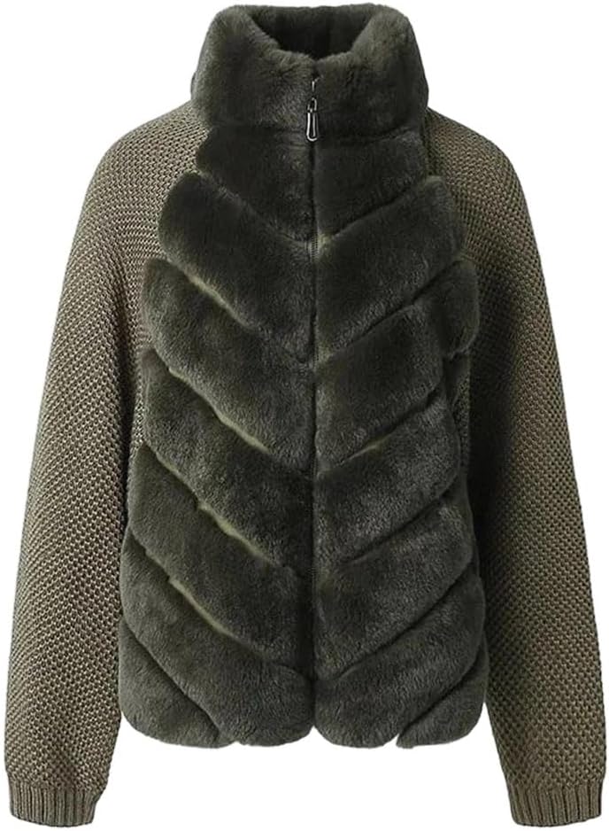 Women's Winter Stand Collar Zippered Elegant Long Sleeve Faux Fur Jacket