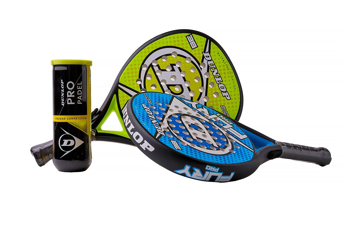 Pack 2 Palas de Padel Dunlop Fury (Azul, Amarillo) + Bote de Pelotas Dunlop Padel Pro