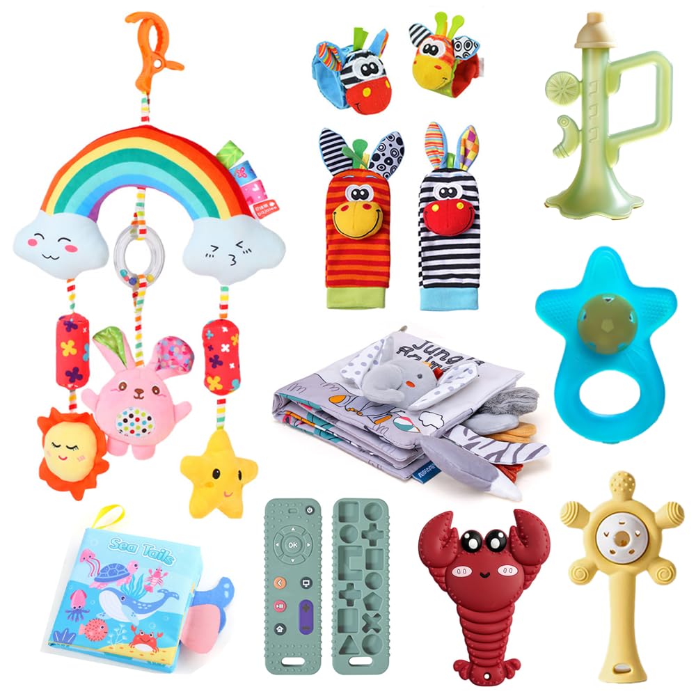 9 toys for babies aged 3-18 months, including silicone remote control, dental teething stick, 3D book for baby toys, rattles and wristbands, and baby bell toys