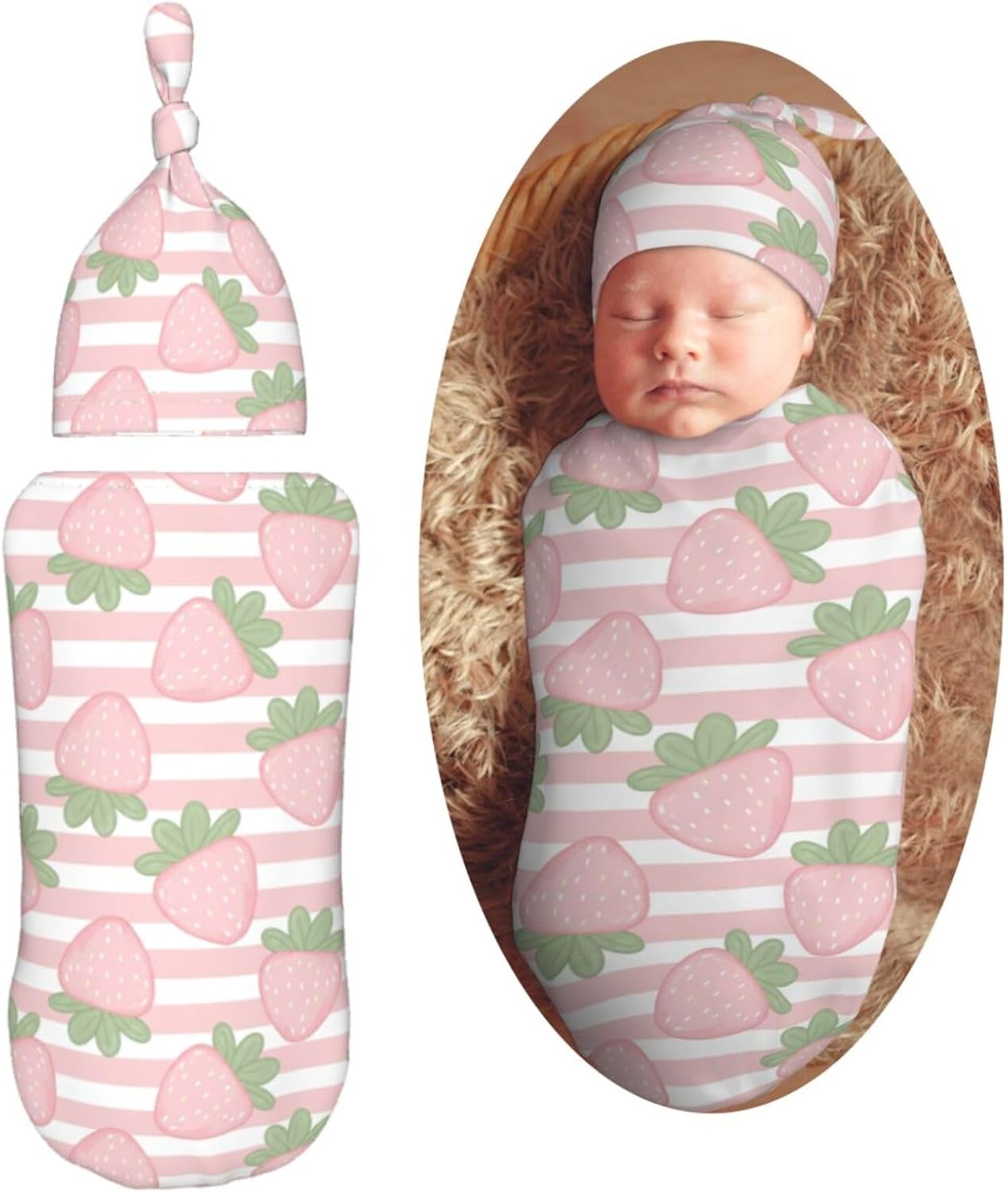 Cartoon Cute Pink Strawberries Newborn Swaddle Blankets Hat Sets Soft Baby Receiving Blanket Swaddle for Baby Shower Infant Boy Girl Gift
