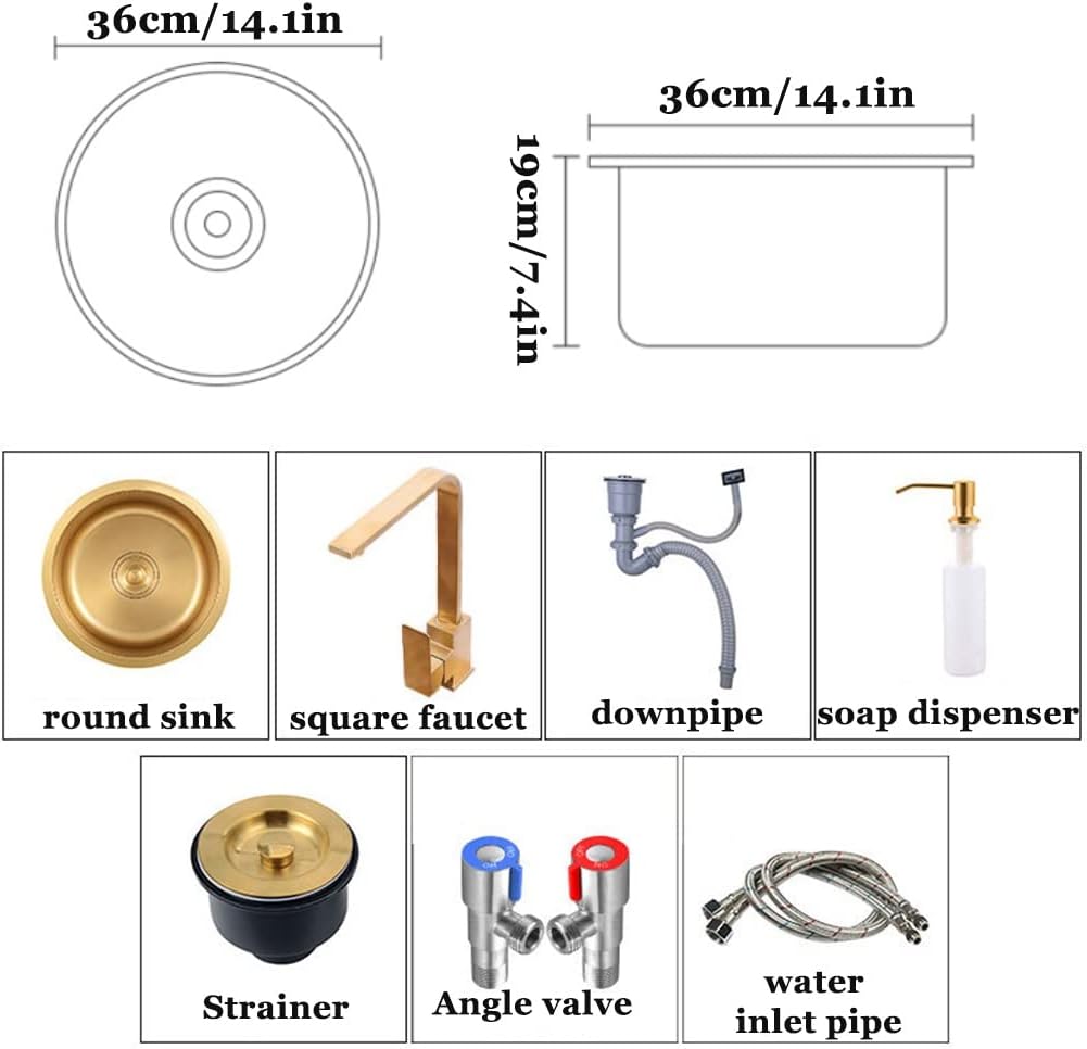 Kitchen Sinks,Kitchen Sink ​Single Bowl ​Bar Prep Sink, with Faucet Brushed round Sink, Drop-In Ordermount Installation/D~B/36 * 19Cm