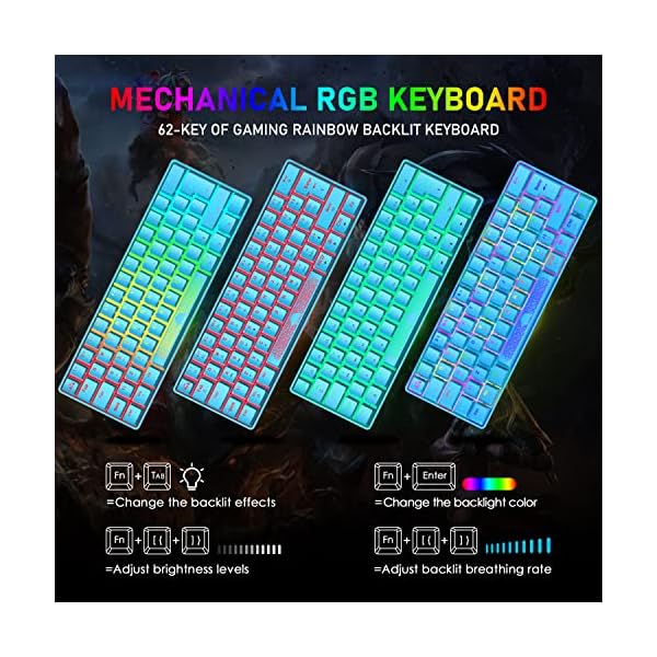 UK Layout 60% mechanische Gaming-Tastatur, Mini-62 Tasten, USB C, RGB Hintergrundbeleuchtungseffekte Rainbow LED-Licht… – Bild 3