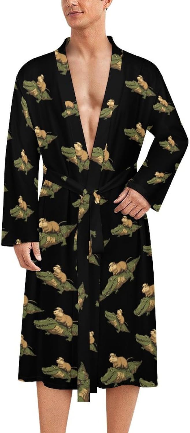 Capybara On Crocodile Mens Robe Long Bathrobe for Women Bath Robes Lightweight Soft Printed Sleepwear