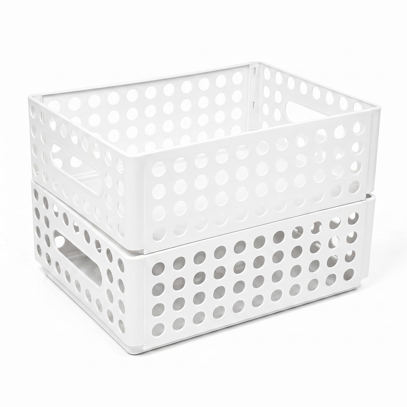 Marte Vanci Collapsible Plastic Storage Baskets, Foldable Crates Stackable Organizing Bins with Handles for Shelves, Desk, Cupboard, Kitchen Pantry Bathroom Bedroom White 2 Pack