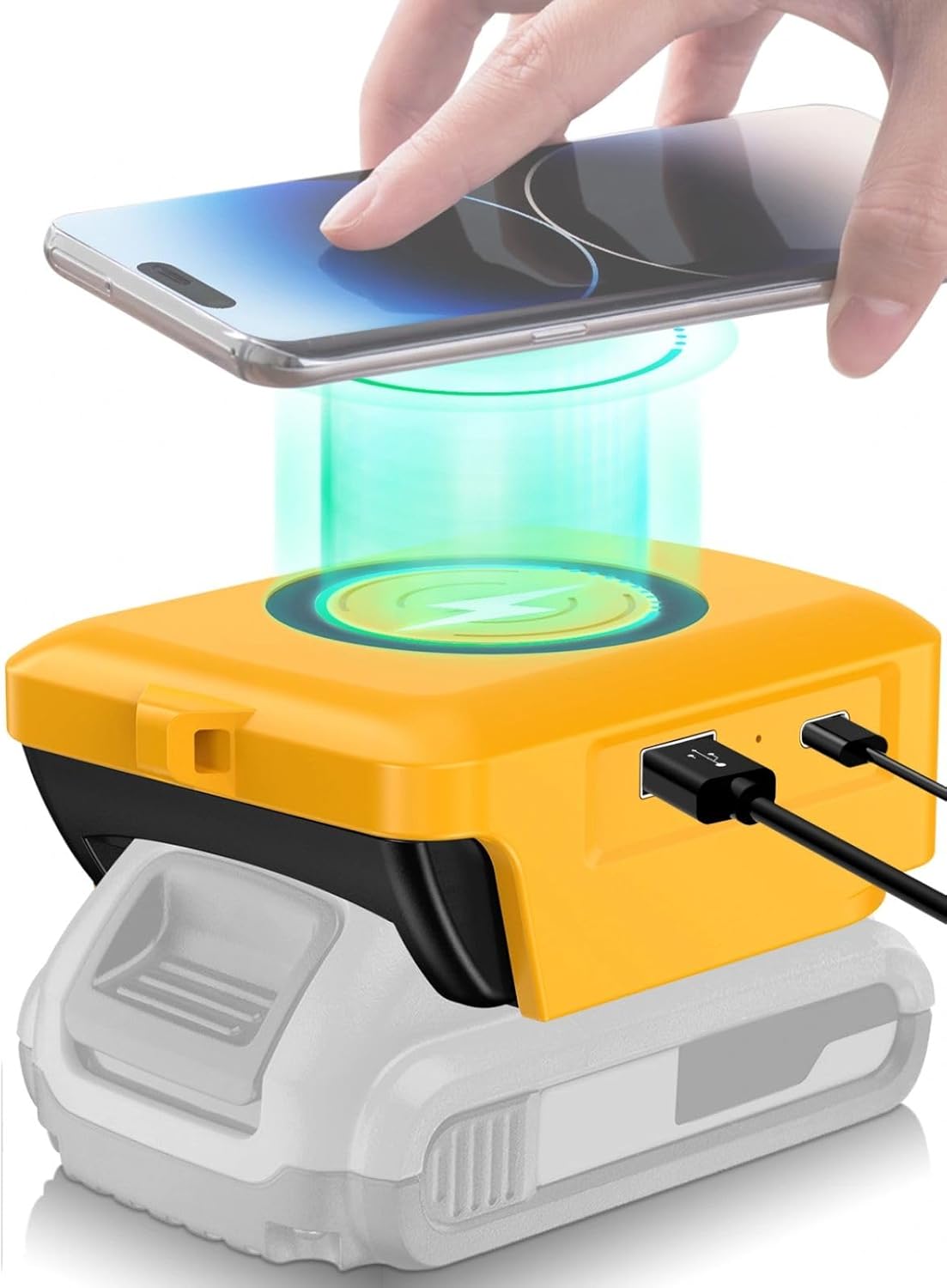 Cordless Wireless Charging for Cell Phones,Compatible with Dewalt 20V 60V MAX Lithium Battery,USB Charger Adapter for Samsung for Android for iPhone