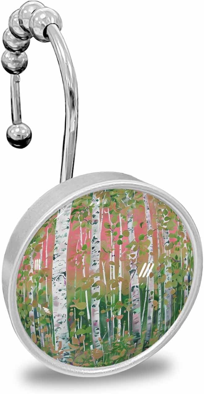 Shower Curtain Hooks 12 Pcs Green and Pink Trees Forest Impressionist Oil Painting Art Stainless Steel Rust Proof Rolling Shower Curtain Rings, Decorative Shower Curtain Hooks Hangers for Bathroom