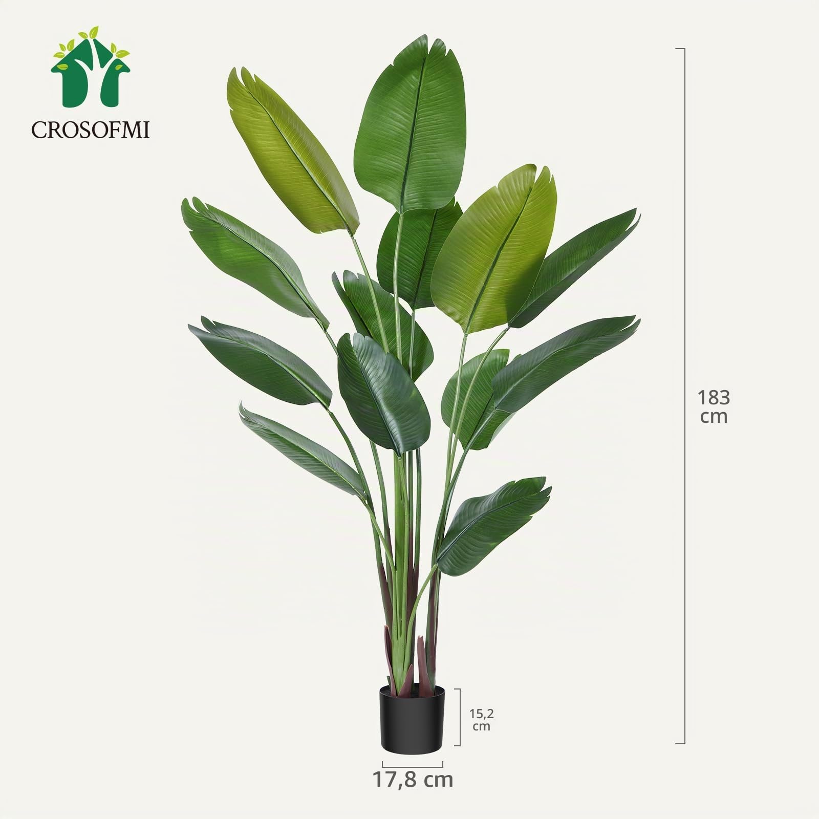 CROSOFMI Künstliche Paradiesvogel Pflanze 180cm künstliche Tropische Palme mit 13 Blättern perfekte künstliche Pflanzen im Topf für drinnen und draußen Haus Büro Garten Moderne Dekoration（1 Pack）