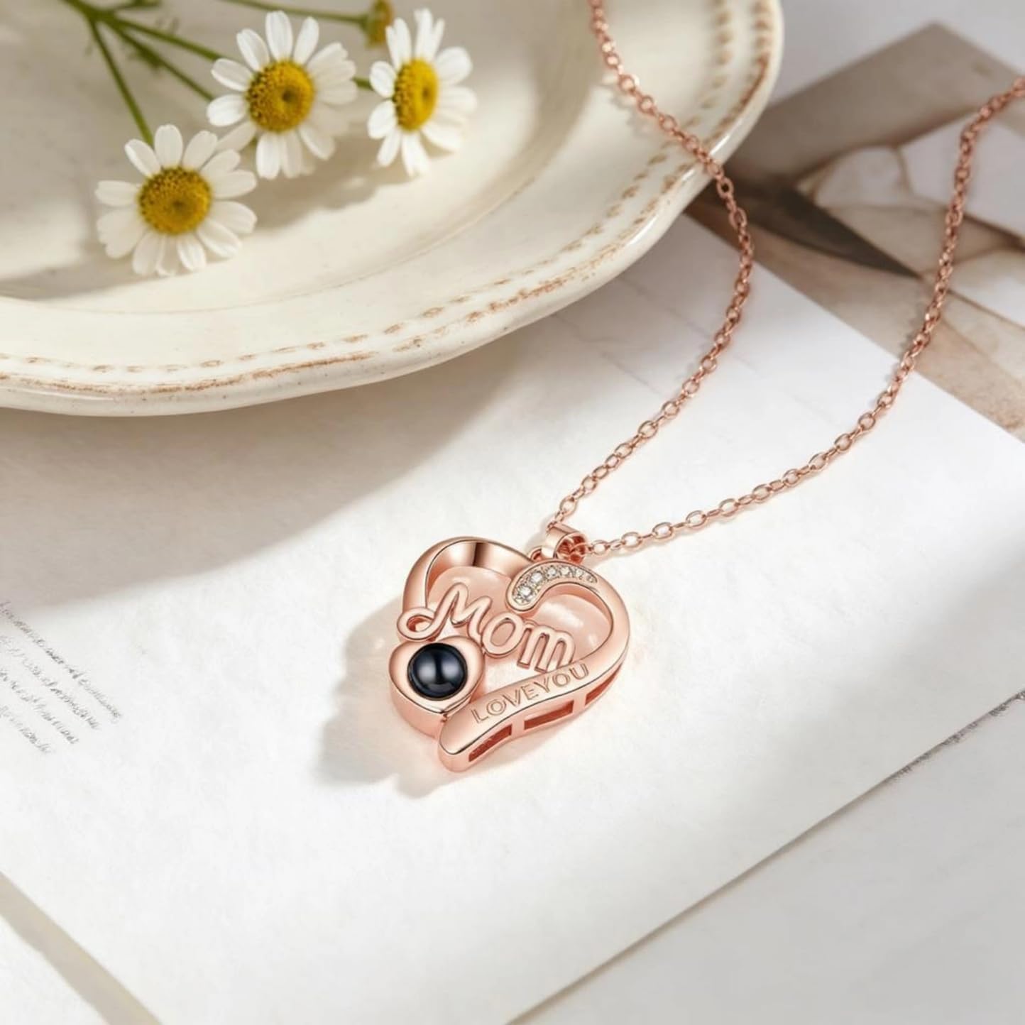 Personalized Photo Projection Mom Necklace Heart Pendant Custom Picture Jewelry Gift for Mom Women Wife Mother's Day Birthday Christmas