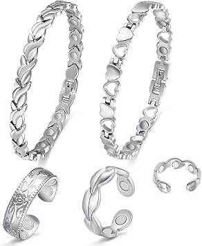 Magnetic Bracelets for Women & Copper Rings for Women with Adjustable Sizing Tool and Present Box
