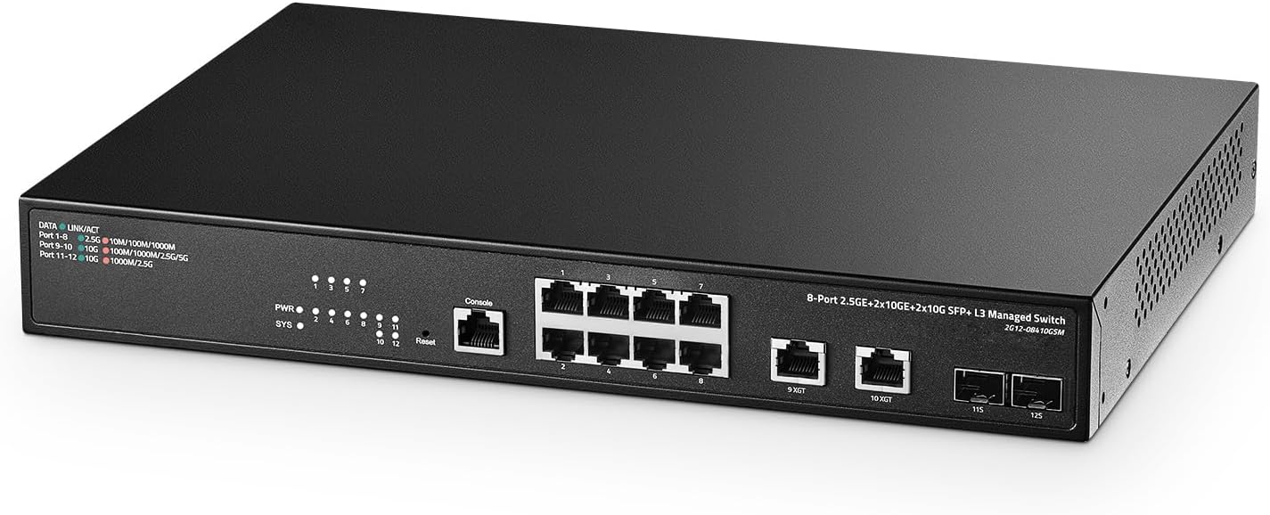 Binardat 12 Port 10G Web Managed Switch, 8x2.5G, 2x10G RJ-45 Ethernet Ports, 2x10G SFP+ Port, 1 Console Port, Metal Multi-Gigabit Desktop/Rackmount L3 Network Switch