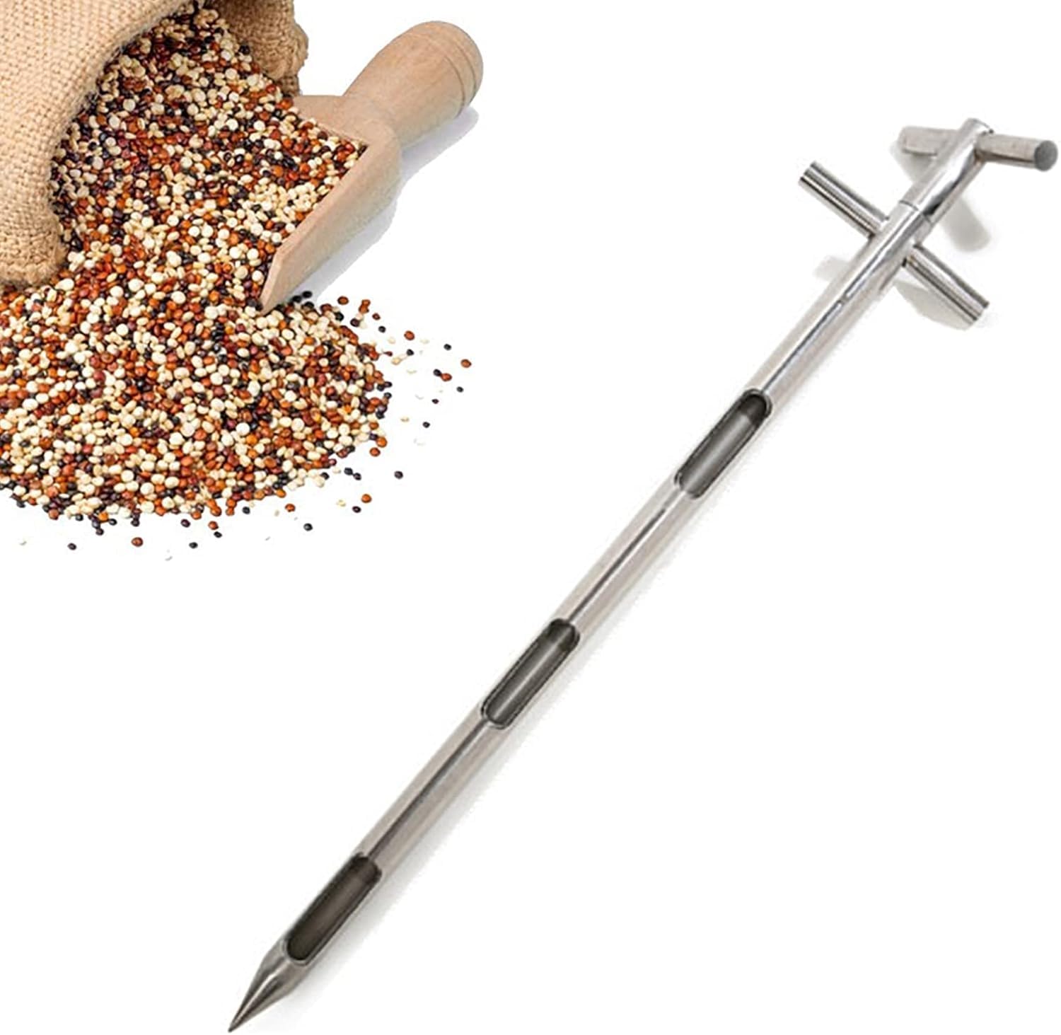 Polvo de muestreo de acero inoxidable, muestra de polvo de granos de plata, diseño puntiagudo con mango de rotación, sonda de muestreo de 32 mm (1 m x 3 ranuras), para tomar el tamaño de grano del